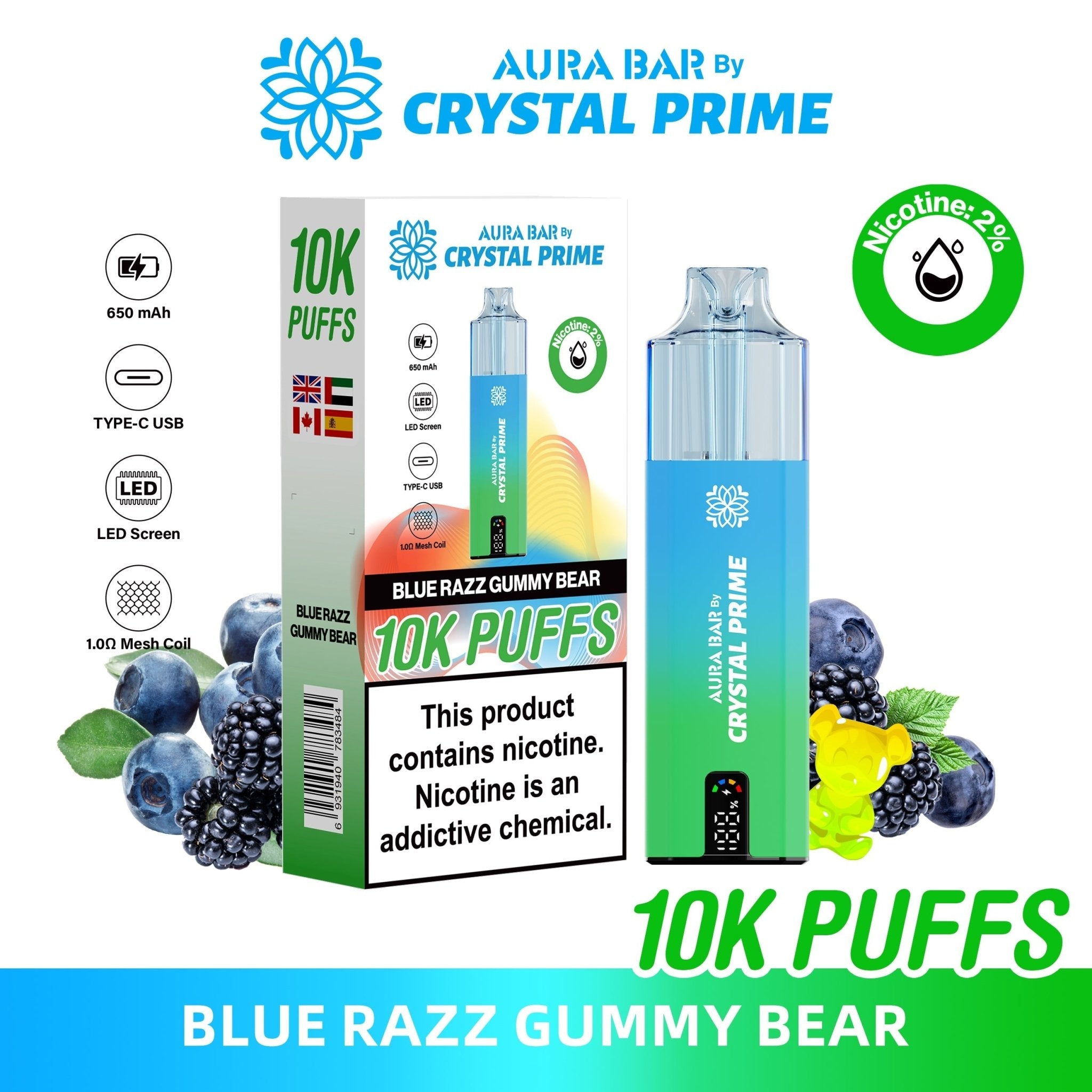 Aura Bar 10000 Disposable Vape By Crystal Prime - Pack of 5 - Blue Razz Gummy Bear