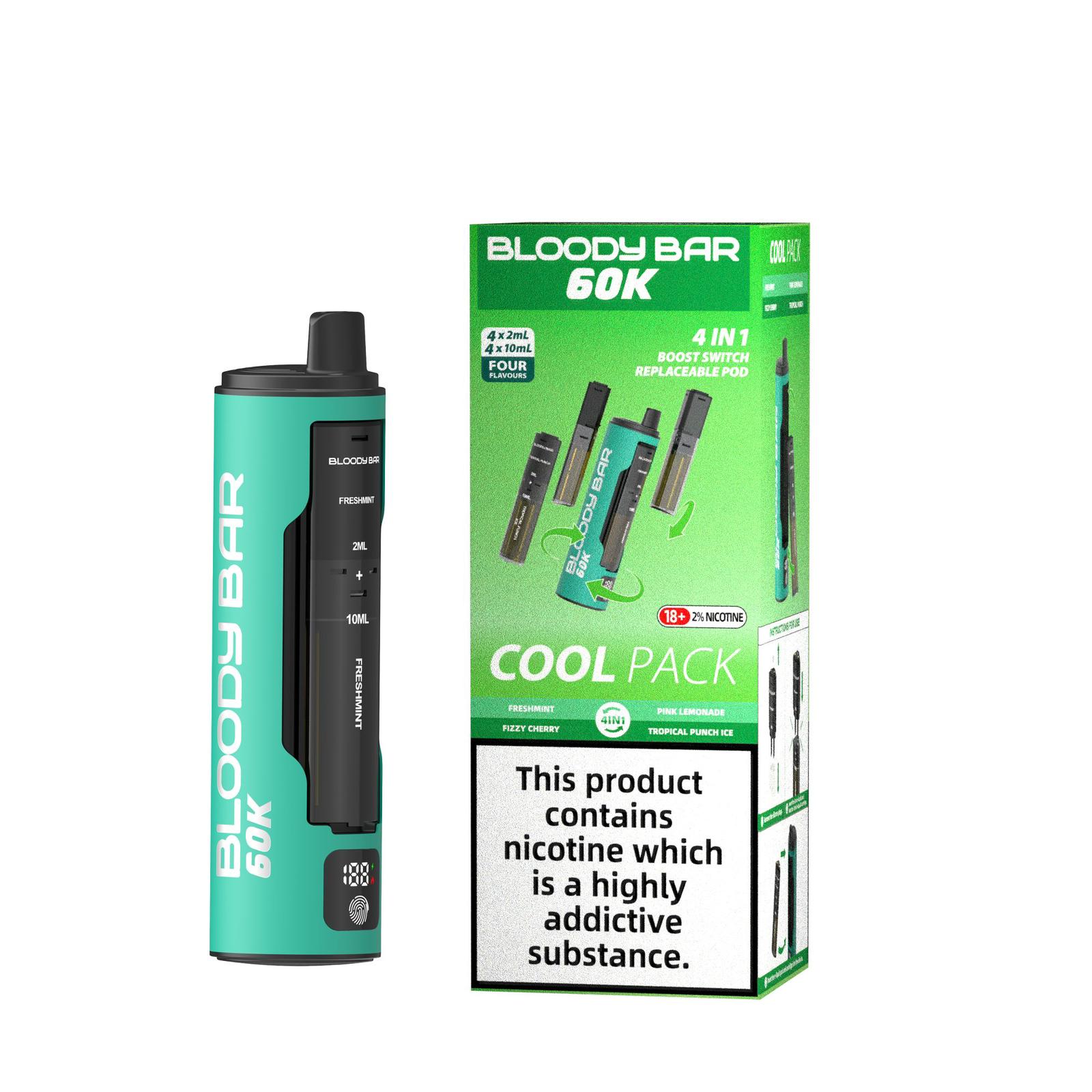 Bloody Bar 60k Prefilled 4 In 1 Pod Vape Kit Box of 5 - Fresh Mint/Fizzy Cherry/Pink Lemonade/Tropical Punch Ice