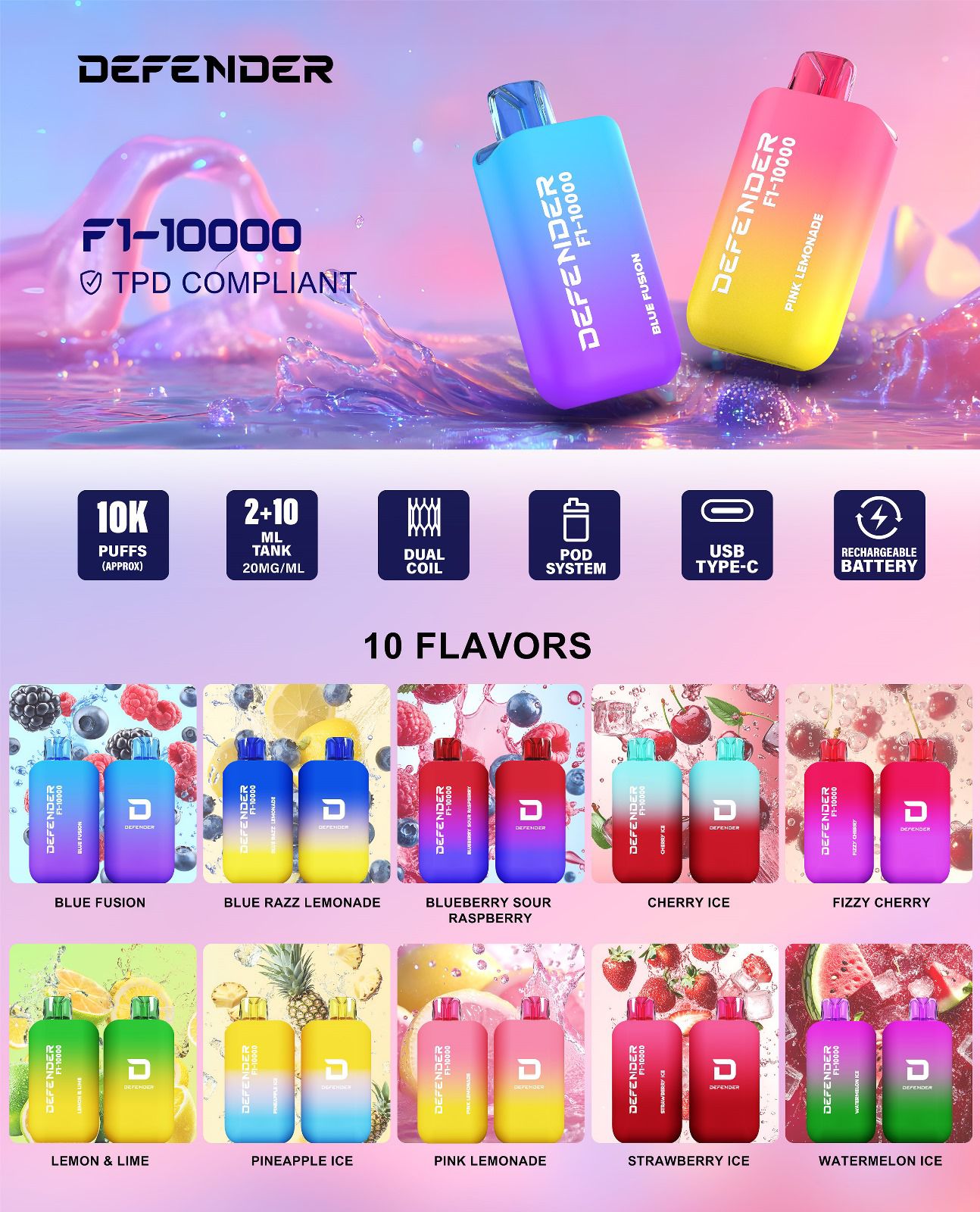 Defender F1 - 10000 Prefilled Pod Vape Kit ( Box of 5 ) - Blue Fusion