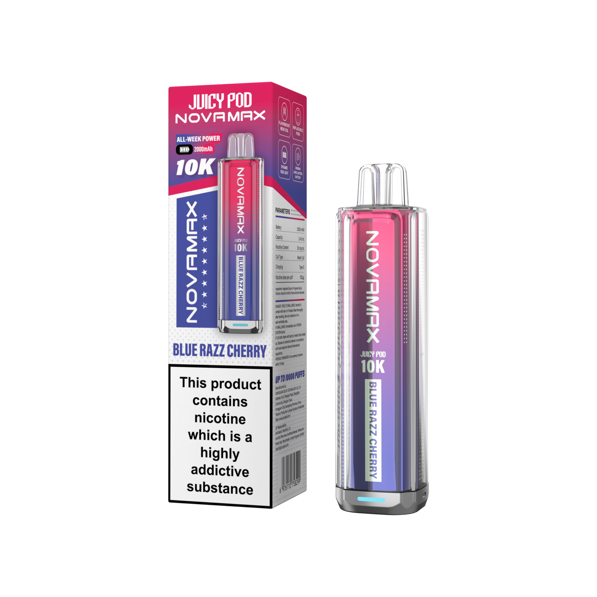 Juicy Pod Novamax 10k Prefilled Pod Vape Kit - Pack of 5 - Blue Razz Cherry