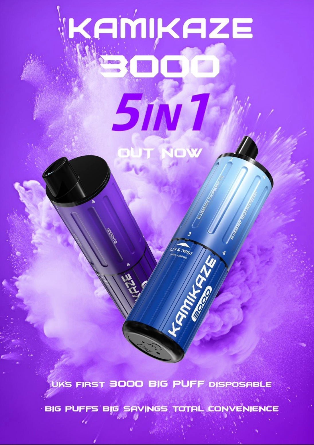 Kamikaze 3000 Puffs 5 in 1 Twist Prefilled Vape Box of 5 - Pink Pack ( 5 in 1 Edition )